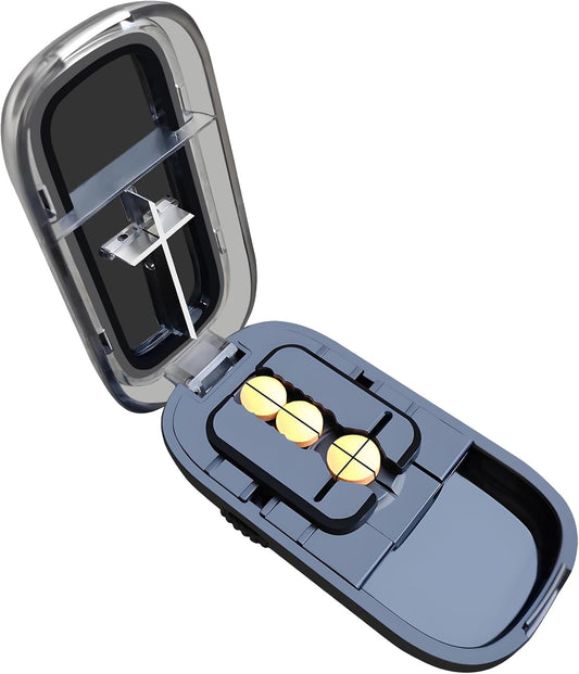 Pill Cutter for Cutting Multiple Pills, 1/2 1/4 Pill Splitter for Large, Small and Tiny Pills, with Centering Device, Improved Sharp Blade, Storage Organizer (Black)