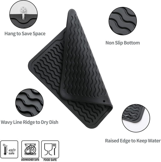 Silicone Dish Drying Mat for Multiple Usage,Easy clean,Eco-friendly,Heat-resistant Silicone Mat for Kitchen Counter or Sink,Refrigerator or Drawer liner Black M 12 inches x 12 inches