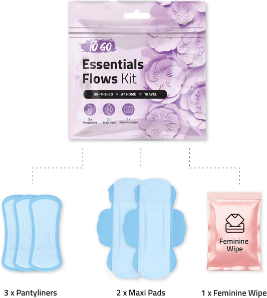 Essential Flows Kit – 3 Pantiliners, 2 Maxi Pads & 1 Feminine Wipe in Compact Zip Bag – Thin, Light, and Travel-Ready for Women & Girls – Single Pack (Purple)