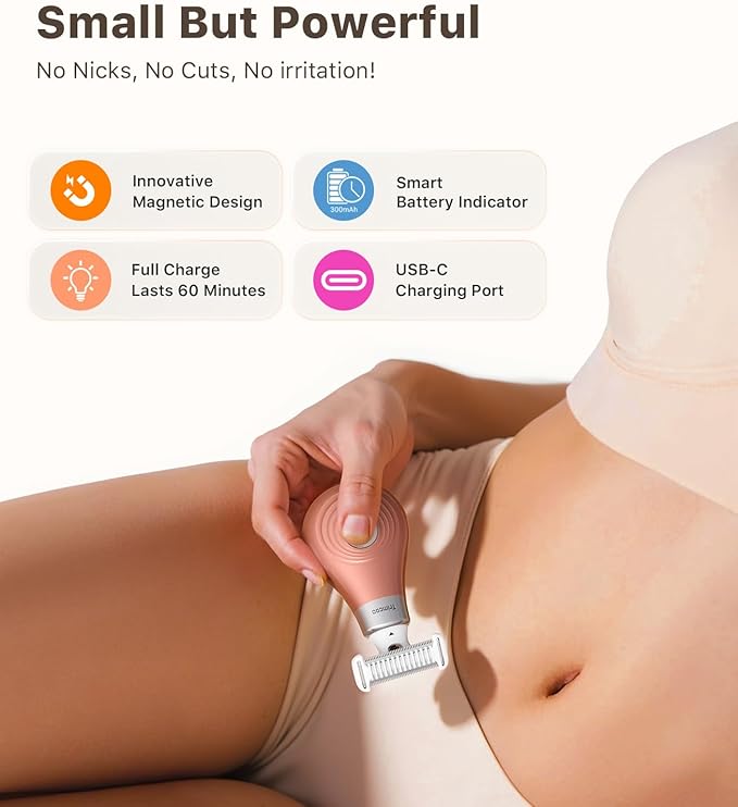 Mini Bikini Trimmer for Women - Intimate Pubic Hair Removal, Electric Body Groomer, Small Portable Wet/Dry Shaver, Magnetic Blade, USB-C Rechargeable with Travel Case, Easy to Clean (Gold)