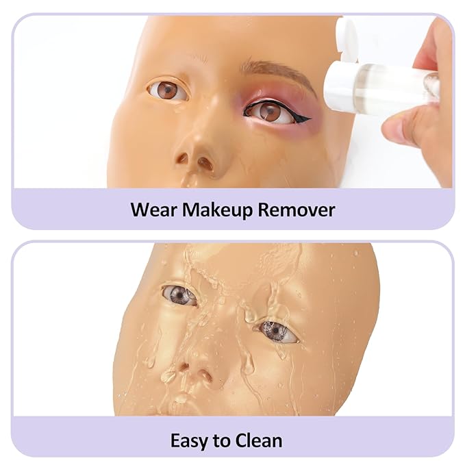 Makeup Practice Face, 2024 Upgrade 5D Makeup Mannequin Face Reusable Silicone Makeup Practice Face Board with Bracket, Come with Makeup remover & Concealer 3 Color & Makeup Bag Brown