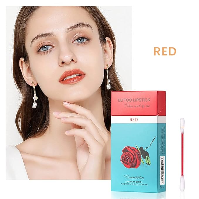 FLIPNEX 20Pcs Cotton Swab Tattoo Lipstick, Tattoo Lipstick Cotton Swab Lip Tint, Waterproof and Long Lasting Liquid Non-Stick Portable Lip Gloss (Red)