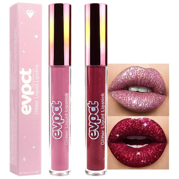 evpct 2Pcs Mauve & Dark Red Matte to Glitter Liquid Lipstick Set Kit for Women Long Lasting Glossy Metallic Shimmer Sparkle Lipstick Lip Gloss 01+04
