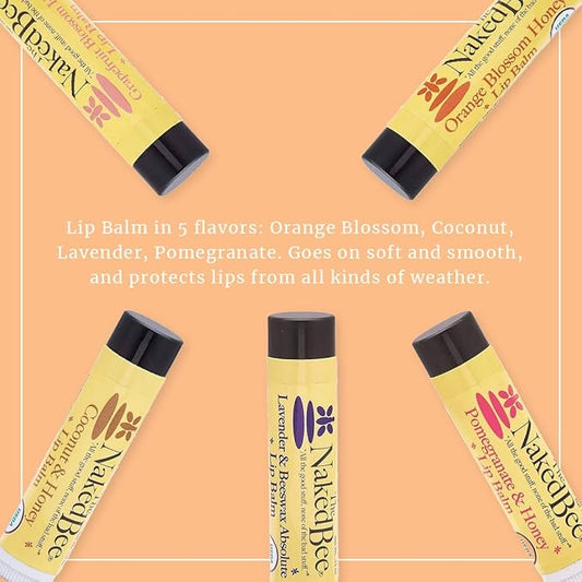 The Naked Bee Lip Balm Sampler, Coconut & Honey, Orange Blossom Honey, Pomegranate & Honey, Grapefruit Blossom Honey, Lavendar & Beeswax Absolute