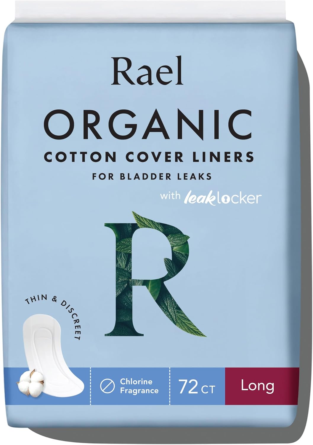 Rael Incontinence Liners for Women, Organic Cotton Cover, Postpartum Essential, Moderate Absorbency, Bladder Control, 4-Layer Core with Leak Guard Technology (Long, 72 Count)