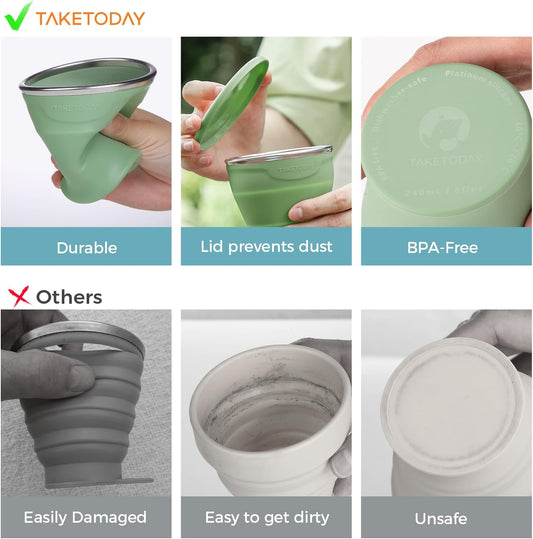 TakeToday Collapsible Travel Cup - Silicone Foldable Water Cup, BPA-Free with Lid & Waterproof Bag - Drinking Cup Set for Office, Camping & International Travel（8 Oz, Green）