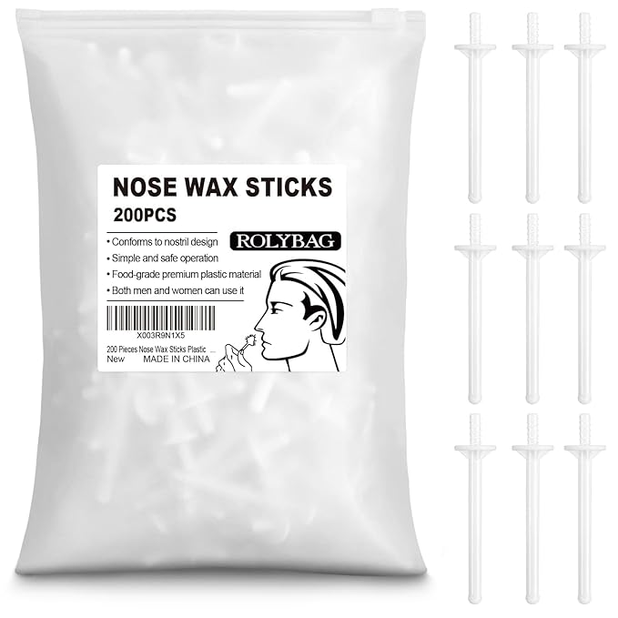 Rolybag Nose Wax Sticks Applicators, 200 Pcs Plastic Wax Rod Wand for Nostril Cleaning and Nose Hair Removal