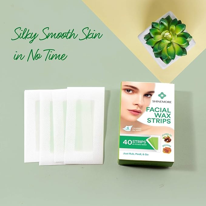 ShineMore Facial Wax Strips for hair removal - Hypoallergenic for All Skin Types - - Gentle and Fast-Working for Face, Eyebrow, Upper Lip, and Chin (40 Women Wax Strips + 4 Calming Oil Wipes NATURE NATION Ingredients )