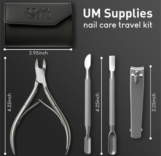 UM Supplies 4 Pieces Travel Set + Storage Pouch | Cuticle Nipper with 2 Pushers and Nail Cutter Stainless Steel | Manicure Pedicure Tool for Nail Care Jaw 14 (5mm) Double Spring
