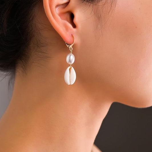 Boho Shell Drop Earrings Vintage Gold Star Shell Dangle Earrings Statement Cowrie Shell Hook Earrings Summer Beach Seashell Earrings Jewelry for Women