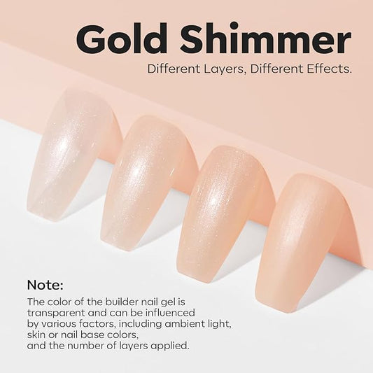 modelones Builder Nail Gel, 8-in-One Gold Shimmer Builder, Champagne Sparkle Glitter Rubber Color Base Gel Polish LED Lamp Cured, Apex Building Strengthener Extension for Home DIY Salon Girls