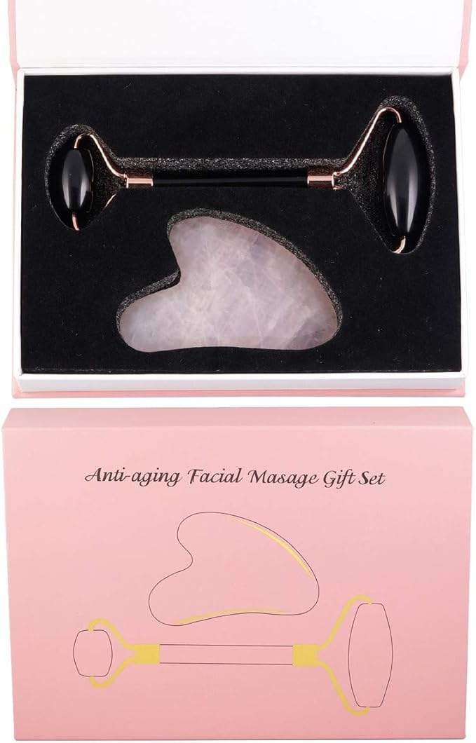 Rockcloud Natural Crystal Jade Roller and Gua Sha Scraping Set Massager Tool for Anti Aging Beauty Neck Body Reduce Wrinkles Facial Massager Therapy Black Obisidian and Rose Quartz Crystal Stone