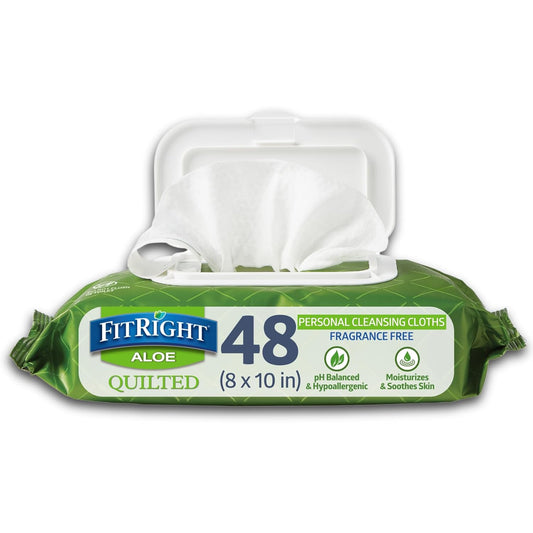 FitRight Aloe Fragrance-Free Quilted Wet Wipes, Soft Pack with Flip Top, 8 x 12 Inches, Pack of 48 Wipes