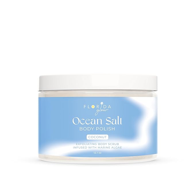 Sea Salt Body Scrub by Florida Suncare - Ocean Salt Body Polish Infused with Marine Algae - Exfoliating Face and Body Scrub - Facial Scrub Exfoliator to Tackle Acne and Scars (Coconut, 12.1 oz)