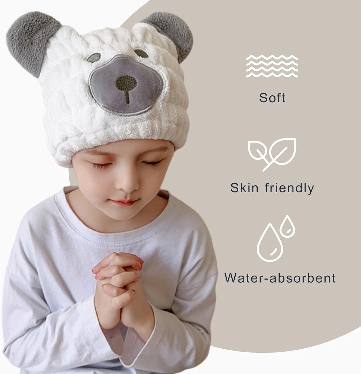 Microfiber Hair Towel Wrap for Kids, White Bear Dry Hair Cap Suck Water, Absorbent Quick Girls Boys Hair Drying Towel, Lightweight Bouncy Hat Headscarf for Wet Hair