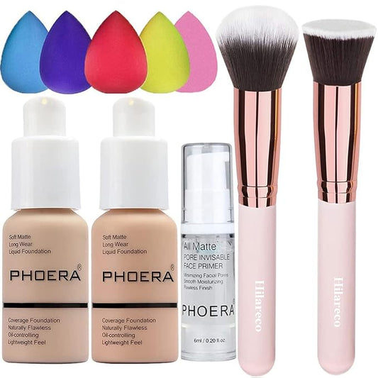 PHOERA Foundation 102 and 103 & Face Primer,Liquid Full Coverage Foundation Set,Foundation Brush Powder Brush,5 Makeup Sponge,30ml PHOERA 24HR Matte Oil Control Concealer (102 Nude + 103 Warm peach)