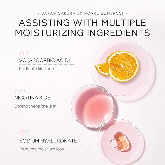 Skin Care Set JAPAN SAKURA Beauty Gift Sets Skin Care Kit with Cleanser, Toner, Lotion, Serum, Eye Cream, Face Cream, Make up Primer Travel Kit for Women Wife Mom 7pcs