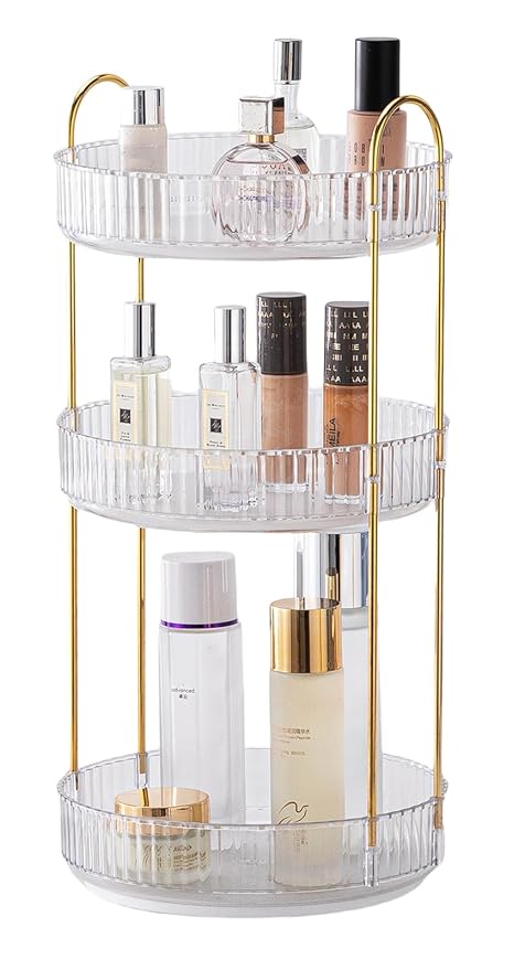 Vanity Organizer - 360 Rotating Countertop, High-Capacity Skincare & Cosmetics Organizer (3 Tiers, Clear)