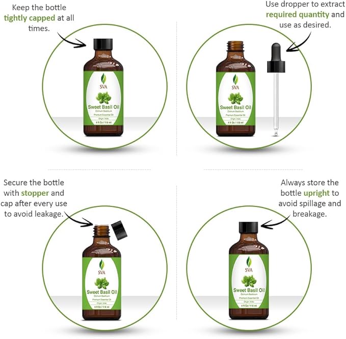 SVA Sweet Basil Essential Oil – 4 Fl Oz – 100% Natural Basil Oil - for Diffuser, Hair Care, Face, Skin Care, Aromatherapy, Scalp and Body Massage, Soap and Candle Making – with Dropper