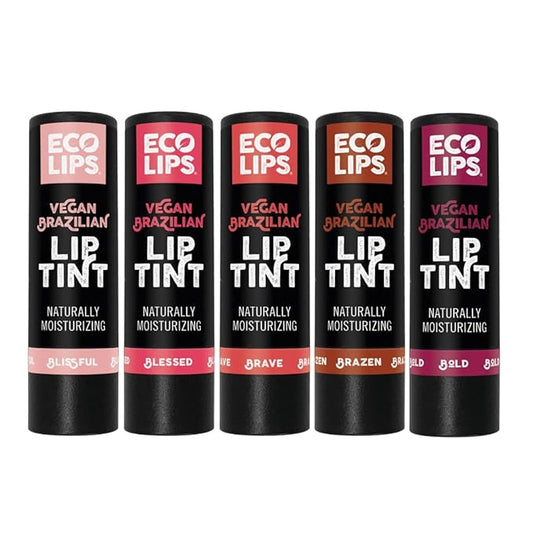 Eco Lips Vegan Cruelty-Free Brazilian Lip Tint Variety Pack - 100% Natural Lip Balm (Blessed, Blissful, Brave, Brazen, Bold) (5 Pack) | Made in USA