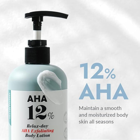 V11FACTORY AHA 12% Glycolic Acid Body Lotion – Korean Exfoliating & Hydrating Body Cream with Hyaluronic Acid & Collagen – Unscented, Paraben-Free Skin Smoothing Moisturizer, 10.6 oz