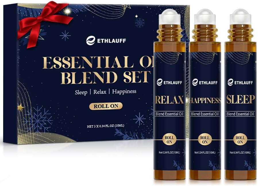Essential Oil Roller Set, (Sleep, Relax, Happiness) Aromatherapy Roll On for Body Skin Care, Home - Natural Aromatherapy Gift, Relaxtion Gift, Stress Relief Gift for Women and Men