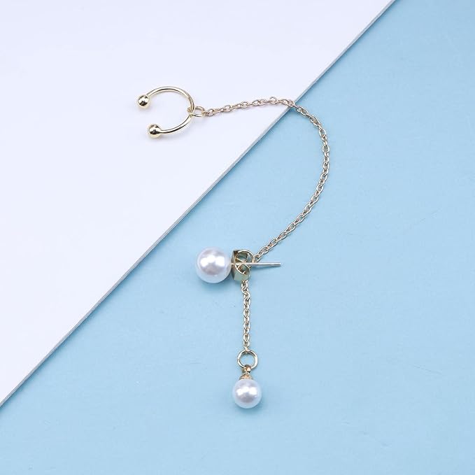 Vintage Pearl Cuff Chain Earrings Gold Chain Ear Cuffs Dangle Chain Cartilage Earrings Pearl Studs Earrings Cartilage Helix Earrings Helix to Lobe chain earrings Jewelry for Women and Girls (Gold B)