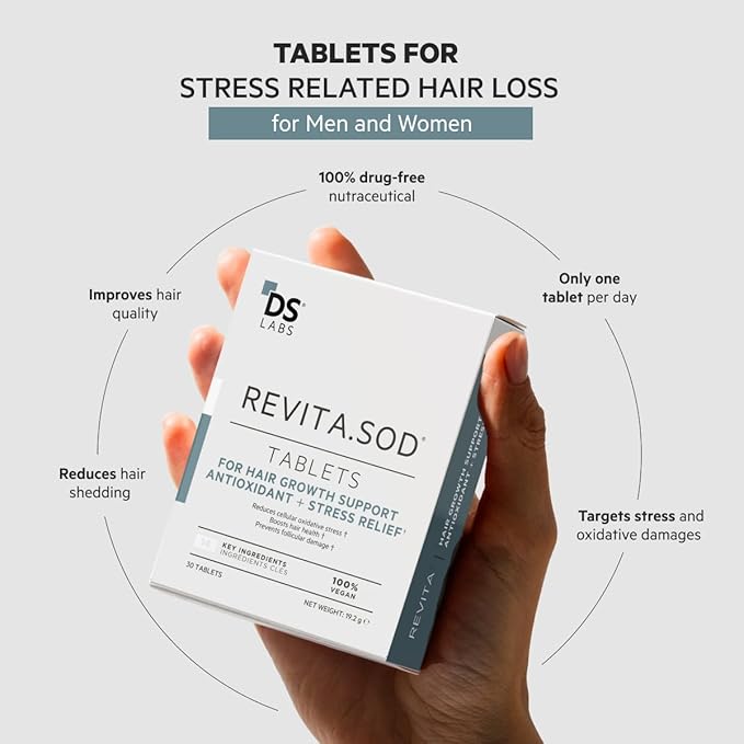 DS Labs Revita.SOD Hair Support Tablets for Men & Women, Daily Supplement with Superoxide Dismutase, Zinc & Ashwagandha, Supports Hair Strength, Density & Visible Shedding Reduction, 30 Tablets