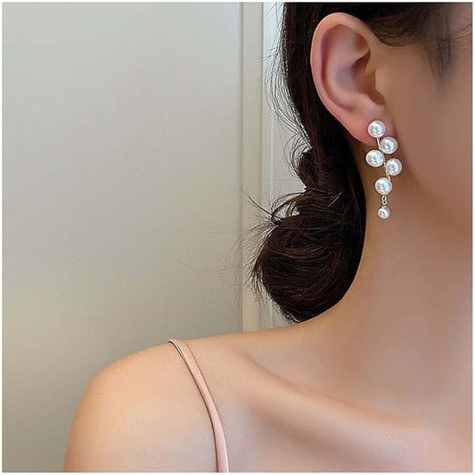 Boho Pearl Drop Earrings Long Pearl Tassel Earrings Gold Cluster Pearl Stud Earrings Bridal Pearl Earrings Wedding Earrings Jewelry for Women