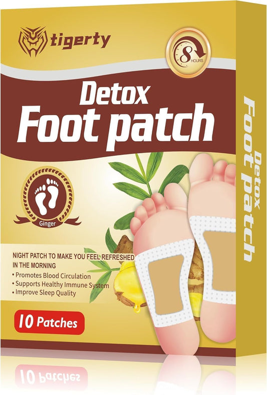 tigerty Foot Patches (10 Pieces), deep Cleansing Foot Patch, Natural Bamboo Vinegar Ginger Powder Foot Care sitckers, Adhesive Patches, Relaxation, Stress Relief, Better Sleep, 10 Pieces (1 Pack)