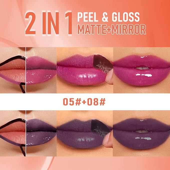 2Pcs Peel Off Lip Gloss Tattoo and Lip Oil 2-in-1, Lip Stain Peel Off Masque - Peel Off Lip Tint ,Long Lasting Waterproof Transfer-proof Lip Mask Lip Gloss Peel Off Lip Liner,Stay Lip Makeup 05#+08#