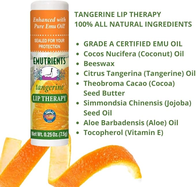 Montana Emu Ranch - Lip Therapy Lip Balm - 0.25 Ounce - Tangerine Flavor - 3 Pack - Made with Pure Emu Oil