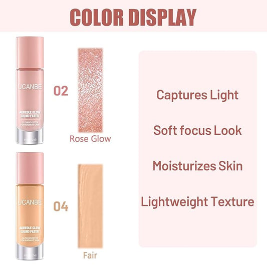 UCANBE 2PCS Halo Glow Liquid Filter, Rose Glow 0.91OZ + Fair Glow 0.91OZ, Face Complexion Booster For Radiant Skin All Day Longwear, Soft-Focus Look Sodium Hyaluronate Vegan & Cruelty-Free