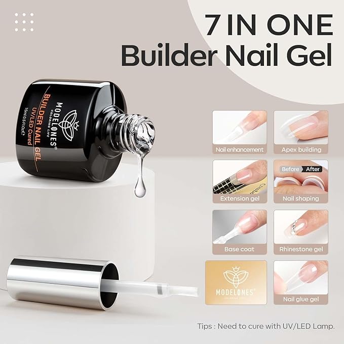 modelones Builder Nail Gel, 7-in-One Clear Builder for Nails, LED Lamp Cured Color Rubber Base Gel Polish Coat Strengthener Thickening Extension Rhinestone Glue in a Bottle for DIY Home Salon Gifts
