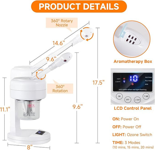 Ozone Facial Steamer, Portable Nano Ionic Face Steamer with LCD Screen, Extendable 360° Rotating Arm, Rotatable Nozzle, Hot Mist Function for Personal Care at Home or Salon