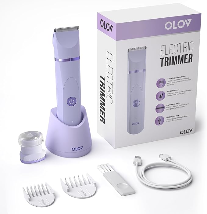 OLOV Electric Body Hair Trimmer - Groin Trimmer for Men - Bikini Trimmer Women - Wet/Dry Shaver Groomer, Replaceable Ceramic Blade Heads, USB Recharge Dock, Waterproof Hygiene Razor,Purple