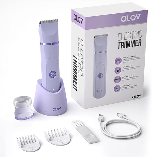 OLOV Electric Body Hair Trimmer - Groin Trimmer for Men - Bikini Trimmer Women - Wet/Dry Shaver Groomer, Replaceable Ceramic Blade Heads, USB Recharge Dock, Waterproof Hygiene Razor,Purple