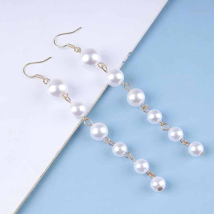 Boho Long Pearl Drop Earrings Vintage Gold Tassel Pearl Dangle Earrings Statement Pearl Chain Drop Dangle Earrings Wedding Prom Bridal Pearl Hook Earrings Jewelry for Women