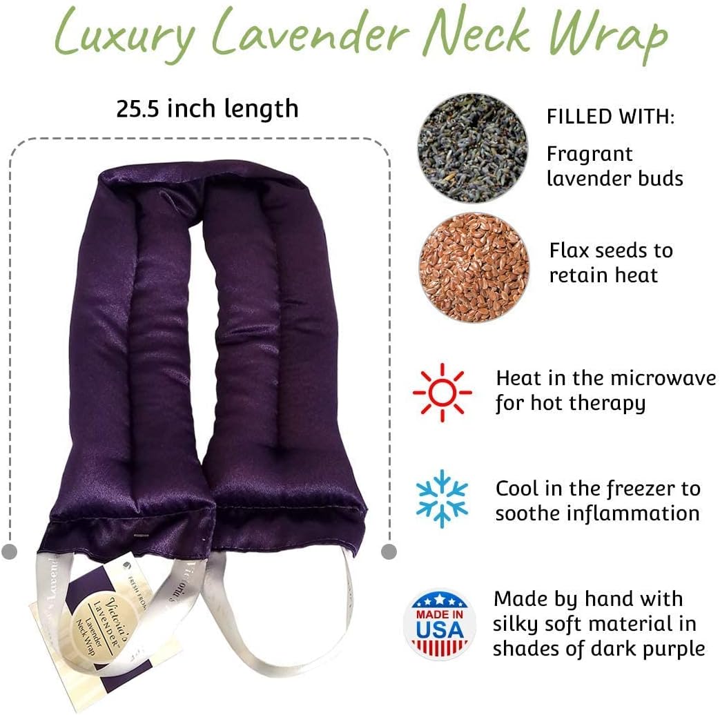 Victoria's Lavender Luxury Microwavable Aromatherapy Neck Wrap and Eye Mask Pillow, Made in The USA Lavender Gift Set with Organic Lavender Buds and Flax Seed for Hot or Cold Application - (Set of 2)