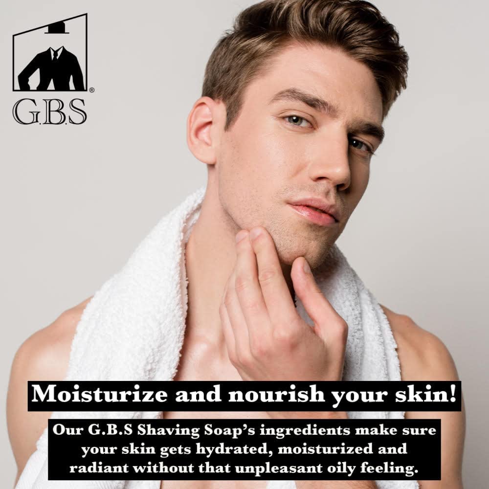 G.B.S Men's Shaving Soap 97% All Natural Enriched With Shea Butter and Glycerin, Creates Rich Lather Form, 3 Oz Each Pack of 2 (1 Sandalwood Round Shaving Soap, 1 Bay Rum Shaving Soap)