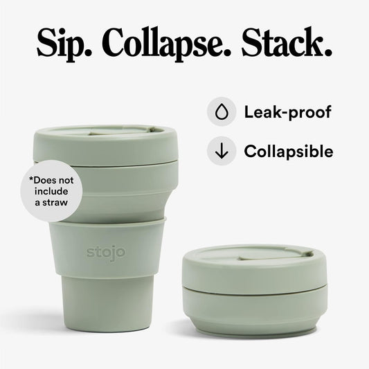 STOJO Collapsible Travel Cup - Reusable To-Go Pocket Size Silicone Bottle for Hot and Cold Drinks - Perfect for Camping - Microwave & Dishwasher Safe (Sage, 12 Ounce (Pack of 1) - No Straw)