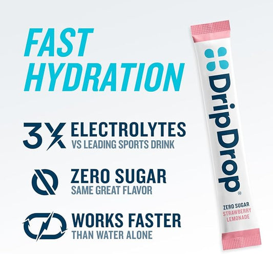 DripDrop Sugar Free Hydration Packets - Zero Strawberry Lemonade - Single Serve Electrolytes Powder Drink Mix - Non-GMO, Gluten Free, Vegan - 32 Sticks