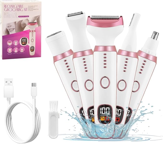 Electric Razors for Women, 5 in 1 Painless Ladies Wet & Dry Body Razors and Facial Hair Remover, Rechargeble Facial and Body Hair Remover for Face Nose Eyebrow Arms Armpit Legs Pubic Area（White）