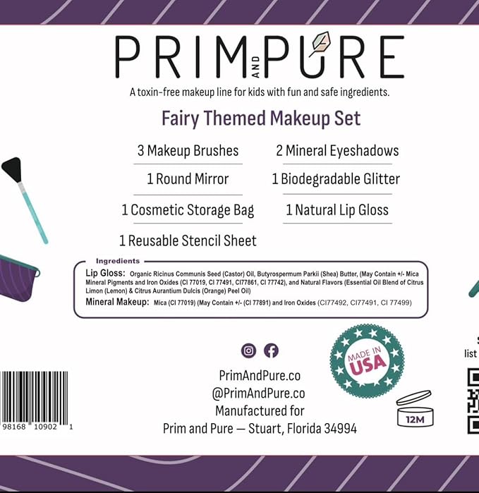 Prim and Pure Kids Makeup Gift Set - Stencil, Makeup Eyeshadow Bioglitter Lip Gloss and Cosmetic Bag Mirror Makeup Brush Accessories (Fairy Purple)