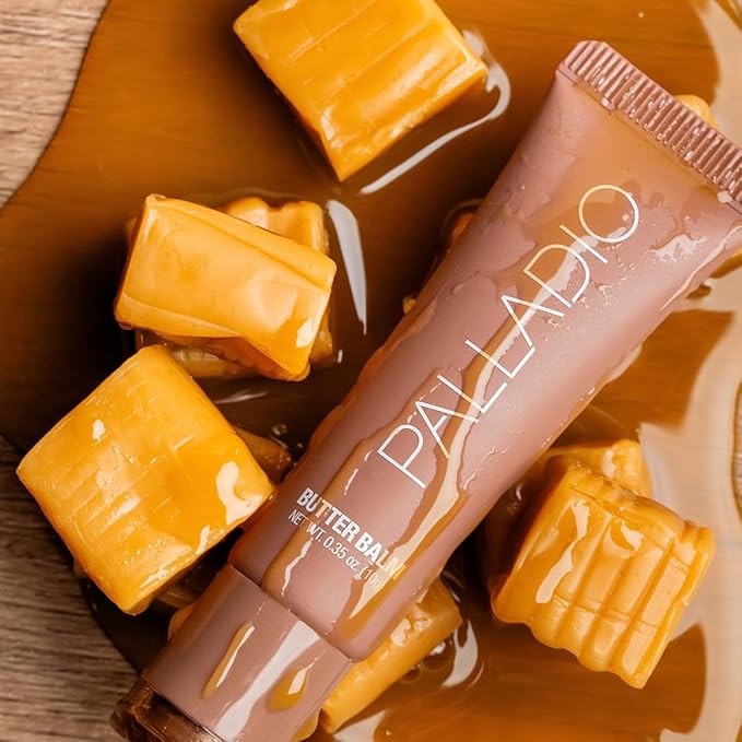 Palladio Butter Balm - Hydrating Lip Balm with Sheer Tint, Aloe, Peptides, Shea Butter, and Vegan Formulation for Instant Moisture, Shine, and Soothing Lip Care, Caramel Glazed