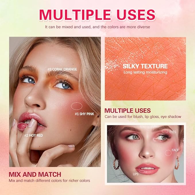 Blush Stick Matte Finish Waterproof Long Lasting Pink Red Cheek Lip Make-up Multi Lip Tint Stick Highlighter High Pigment Rouge Blush for Women Lady Daily Lip Cheek Make (3#coral orange)