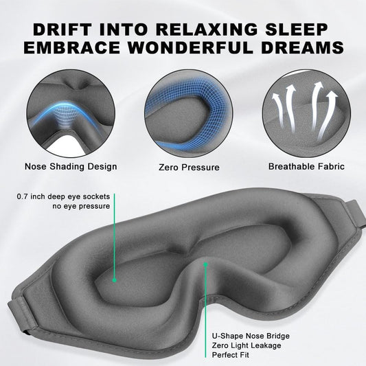 3D Contoured Sleep Eye mask Side Sleeper Men Women Zero Eye Pressure high Density Memory Foam Soft Breathable Light Blocking Night Blindfold Travel Yoga Napping Gray