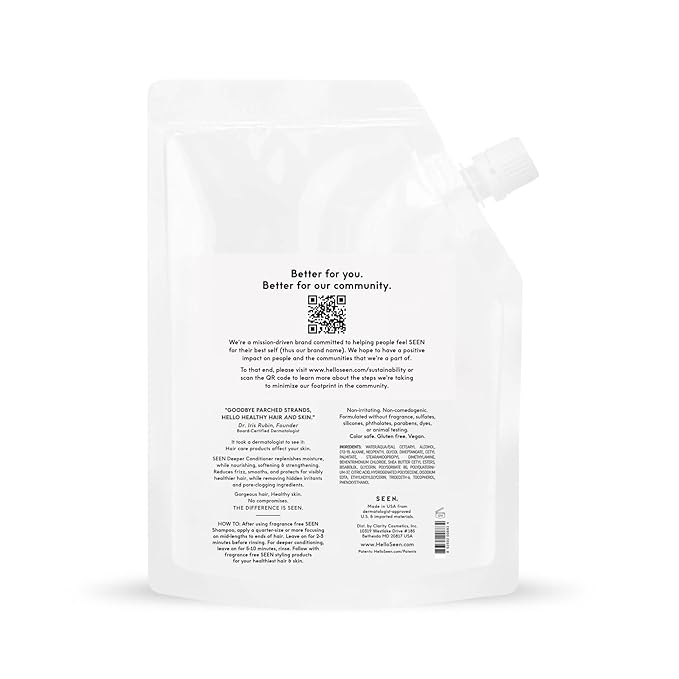SEEN Deeper Conditioner Eco-Refill, Fragrance Free - Non-Comedogenic & Sulfate-Free Hair Conditioner- Dermatologist-Developed - Safe for Sensitive & Acne Prone Skin