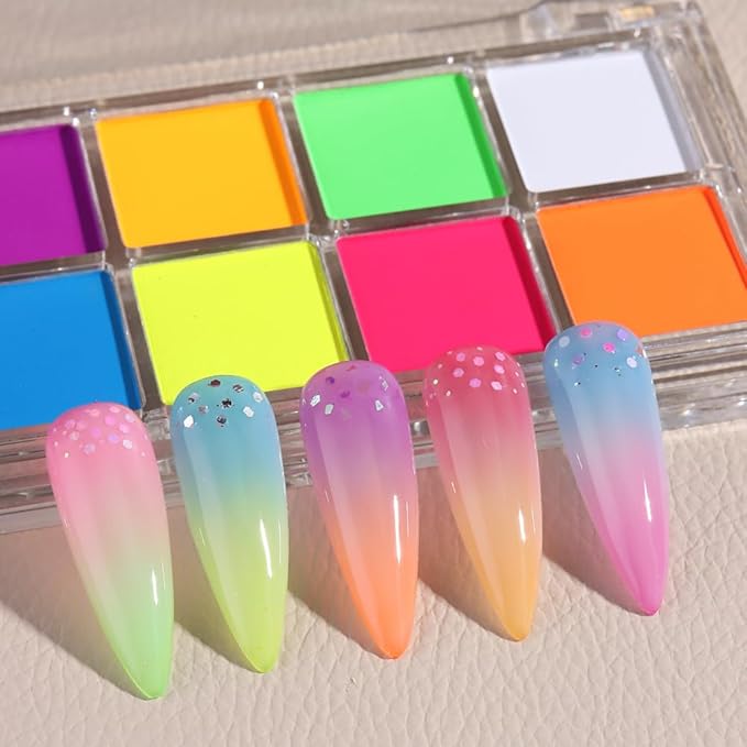 Neon Phosphor Nail Powder Set - 10 Colors, Fluorescent Glitter Gradient, Iridescent Rubbing Dust, Ombre Brush for DIY Nail Art