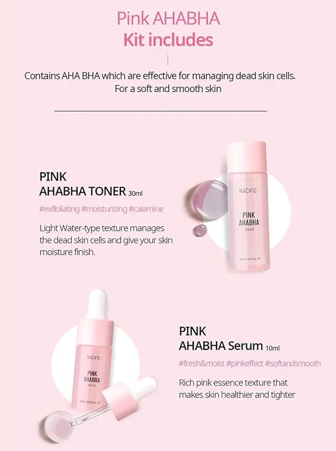 Nacific Pink AHA BHA Kit (Cleansing Foam, Toner, Serum, Cream) Travel Size Skin Care Set